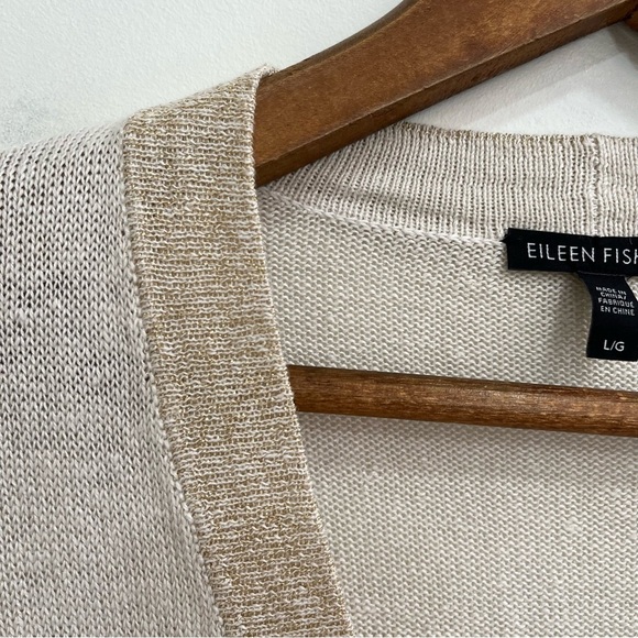 Eileen Fisher Organic Linen V-neck Cardigan Bone Sparkle Trim Size Large $248 - Picture 6 of 11